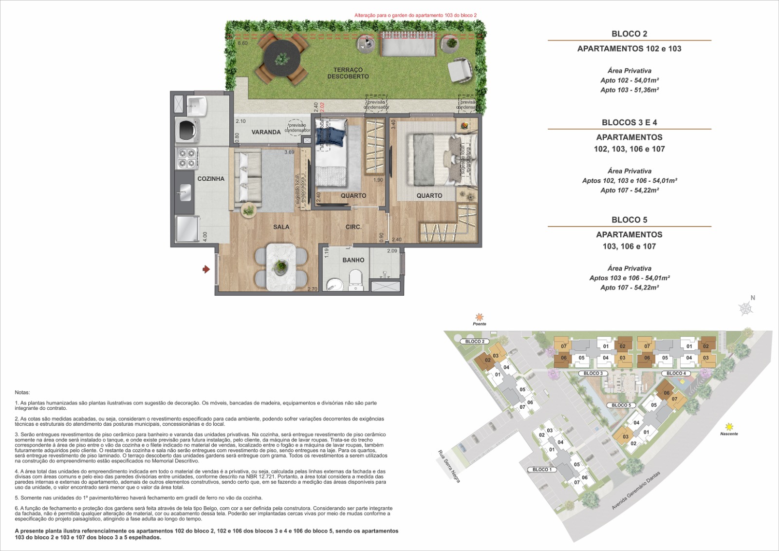 Área Privativa - 51,36m² à 54,22m² - Garden