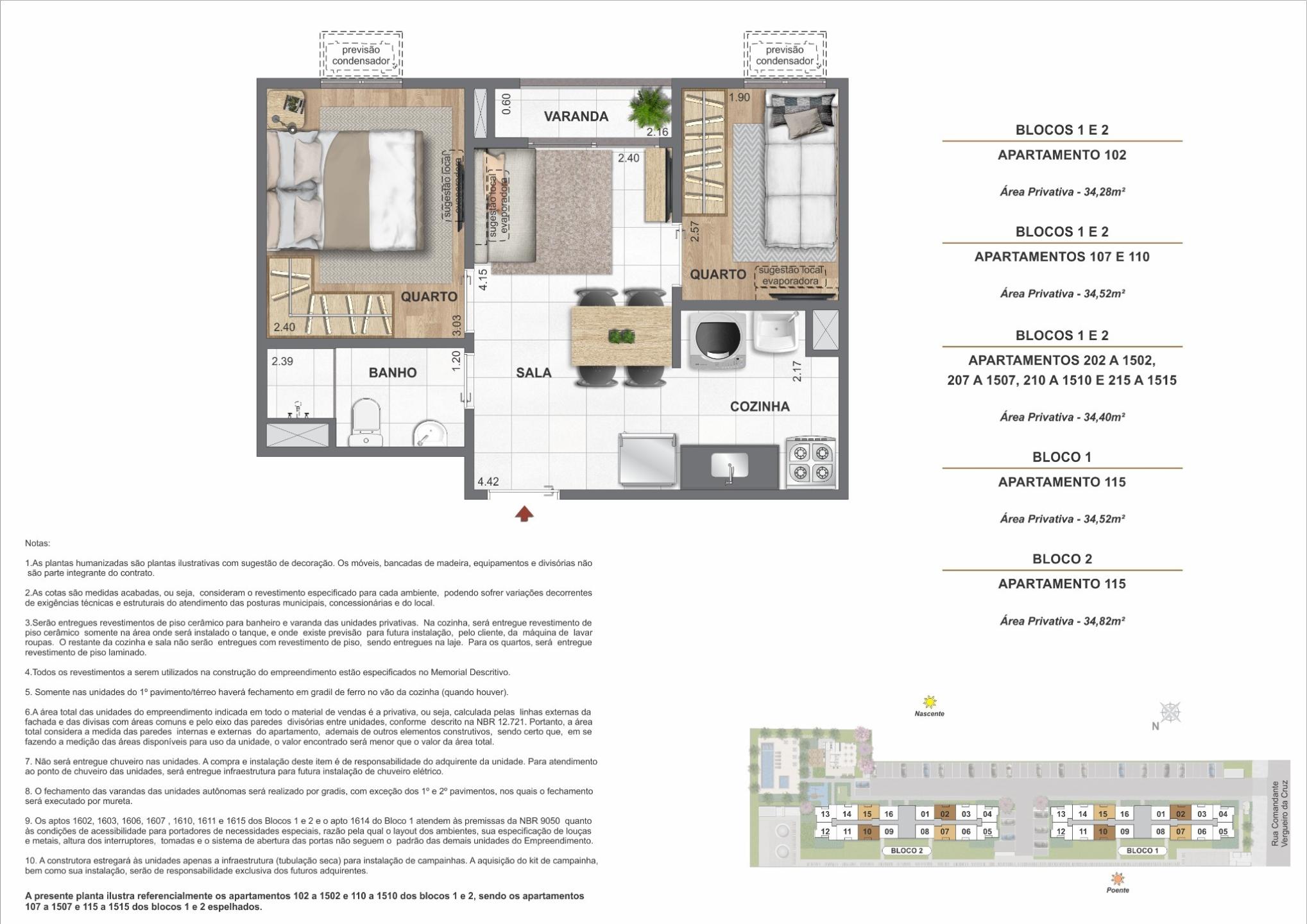 Área privativa - 34,28 a 34,82m²