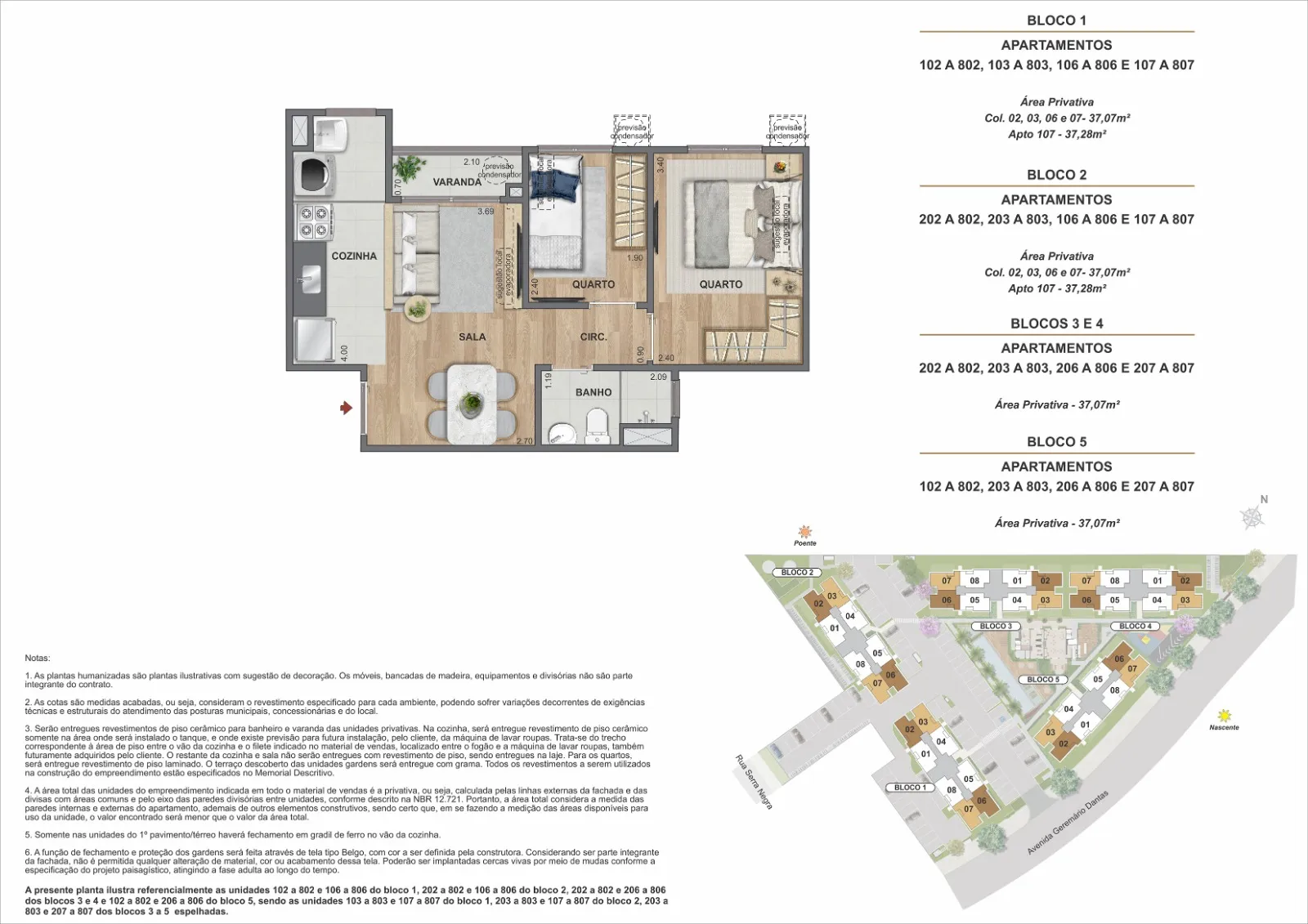 Área Privativa - 37,07m² à 37,28m²