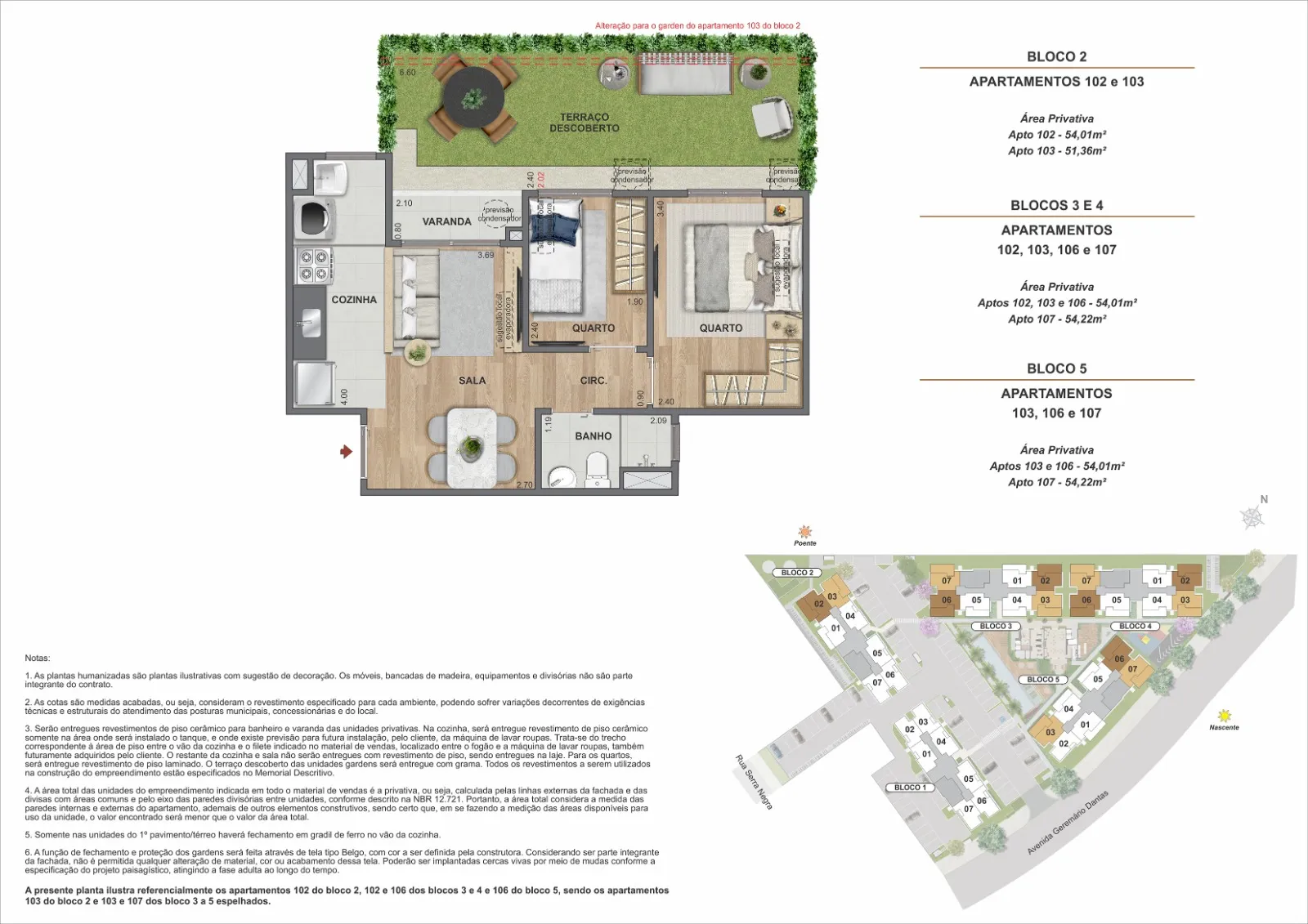 Área Privativa - 51,36m² à 54,22m² - Garden