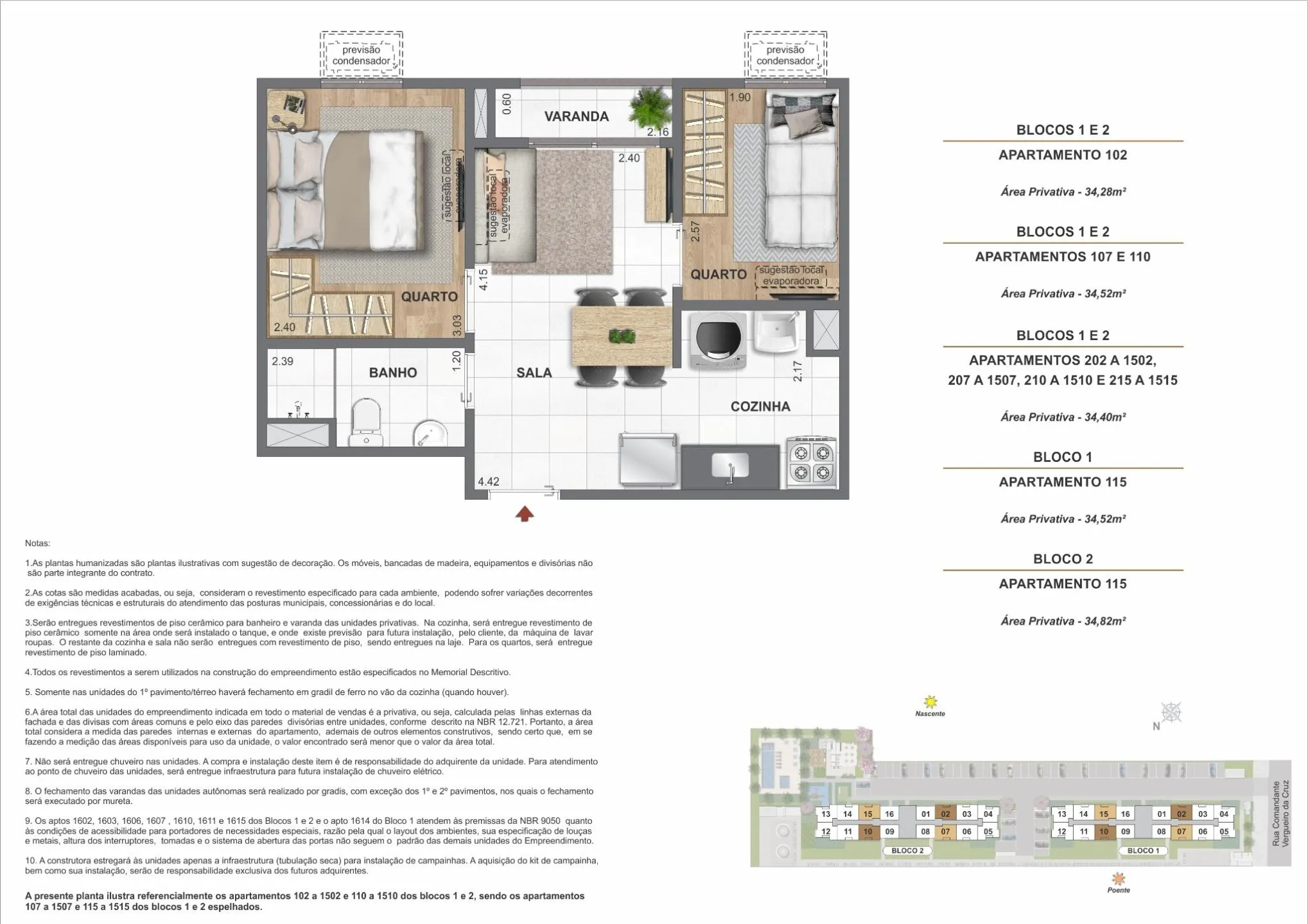 Área privativa - 34,28 a 34,82m²
