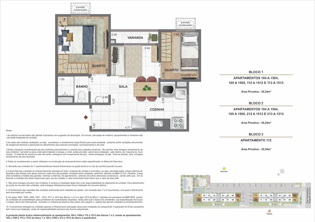 Área privativa - 35,24 a 35,54m² - 2 quartos